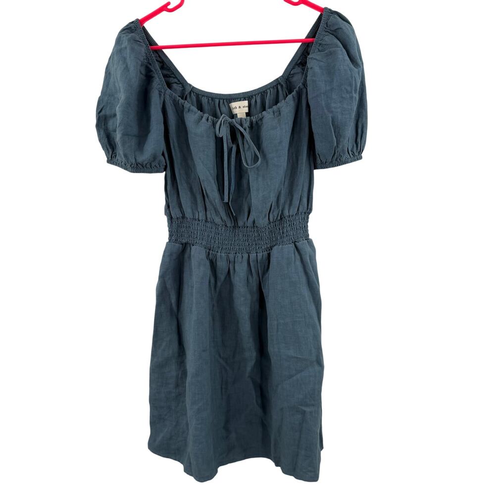 Cloth & Stone Dress Size Small NEW Anthropologie 100% Linen Mini Blue Smock NWOT - Picture 4 of 16